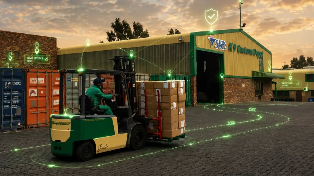 Shipping container undergoing customs examination at a South African logistics facility