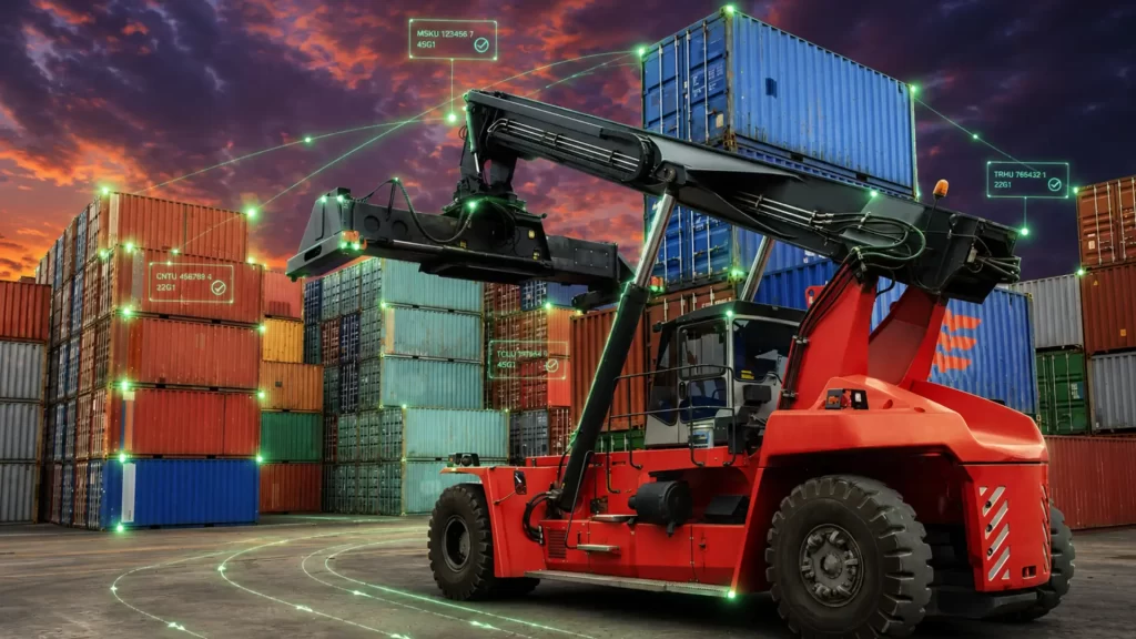 Shipping container awaiting customs clearance at a South African port