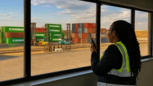 Technician completing a reefer container pre-trip inspection at a PPECB-certified facility in South Africa