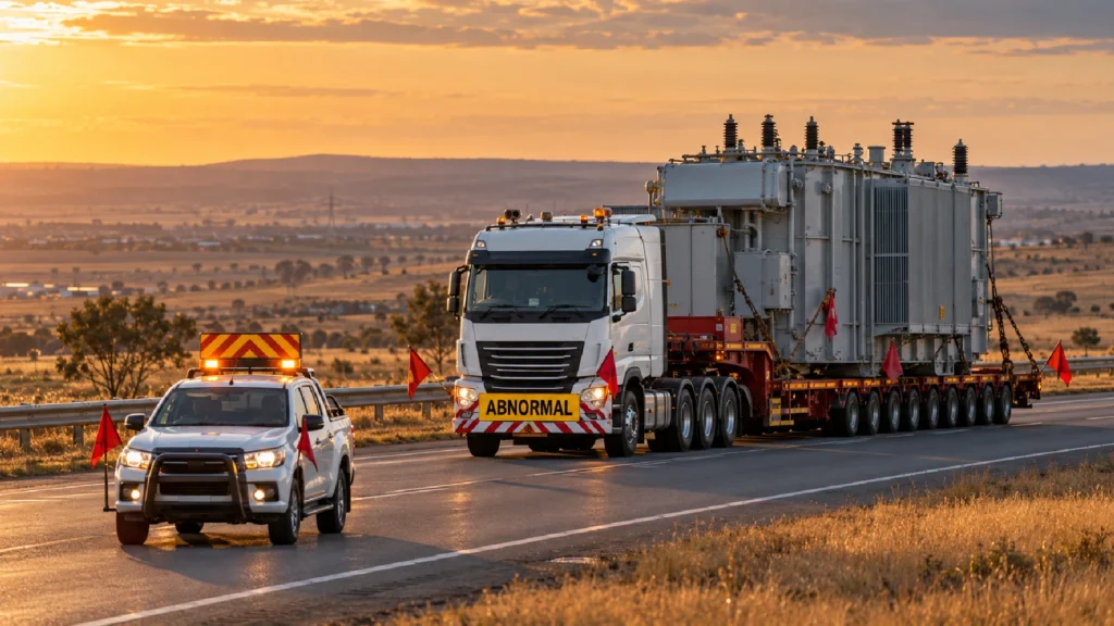 Escort vehicle leading a truck with an ABNORMAL sign carrying a large transformer on a multi-axle trailer