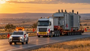 Escort vehicle leading a truck with an ABNORMAL sign carrying a large transformer on a multi-axle trailer