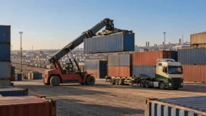 Reach stacker lifting a shipping container onto a truck at a container depot in Johannesburg