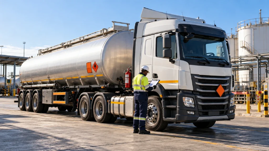 Driver checking documents beside a road tanker displaying dangerous goods placards