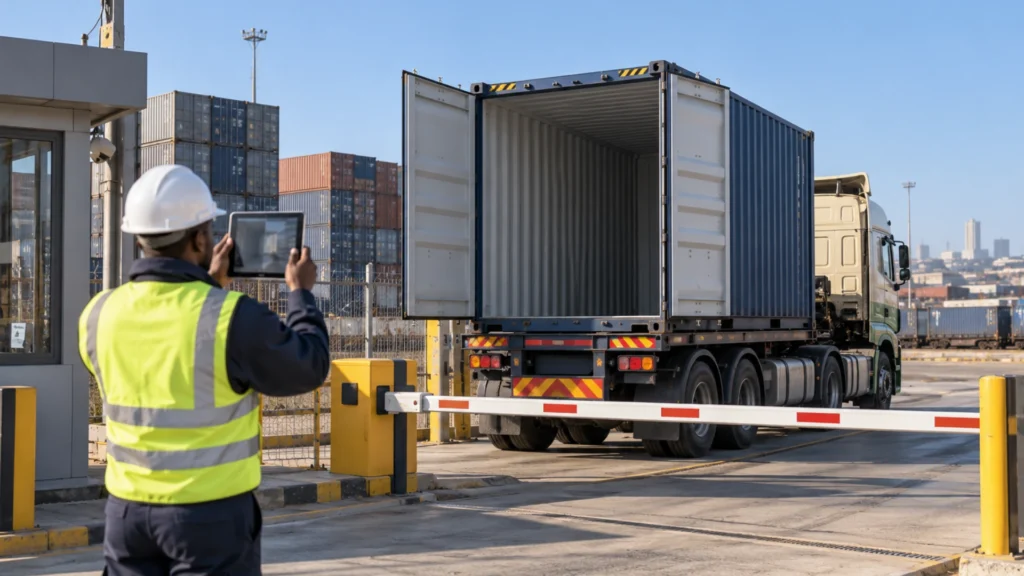 Gate clerk in a high-visibility vest inspecting an empty container on a truck at a depot gate