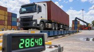 Container truck on a weighbridge, with the digital display showing its gross weight for the SOLAS VGM