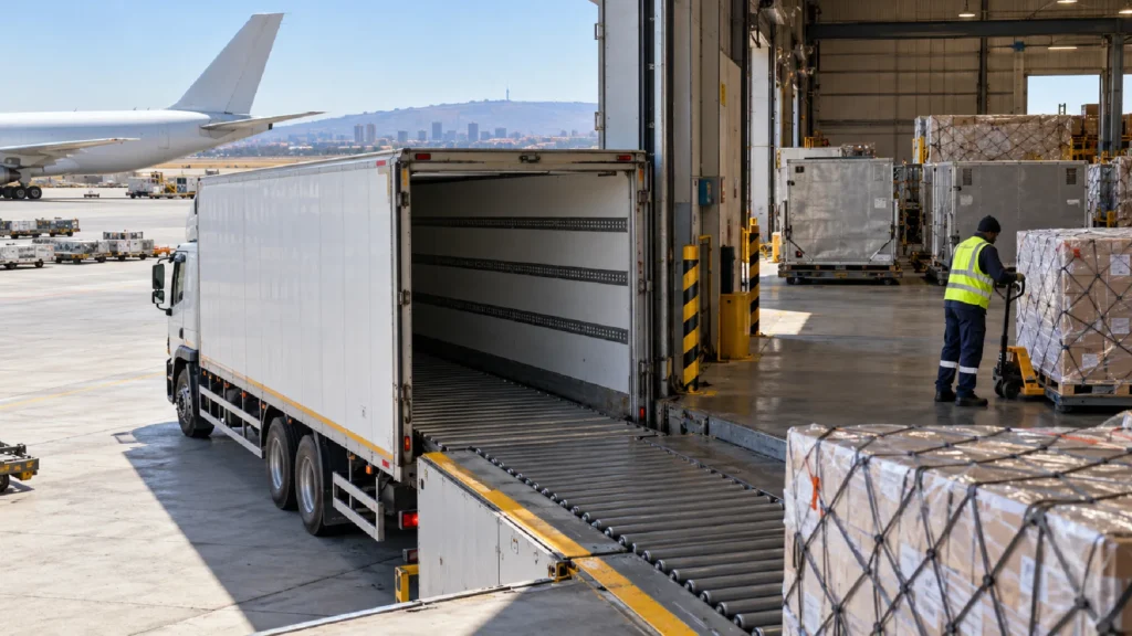 Closed-body truck with a roller-deck floor reversed up to an air cargo warehouse dock, with netted cargo pallets and an aircraft in the background