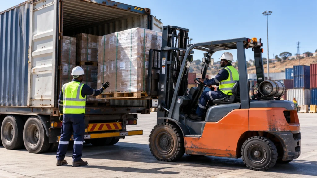 Forklift operator unloading shrink-wrapped pallets from a shipping container on a truck at a container depot, guided by a worker in a hard hat