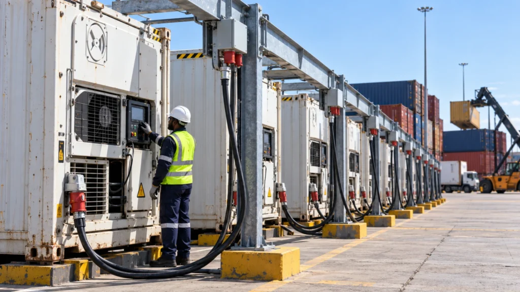Technician in a hard hat checking the control panel of a refrigerated container plugged into a row of reefer power points at a container depot
