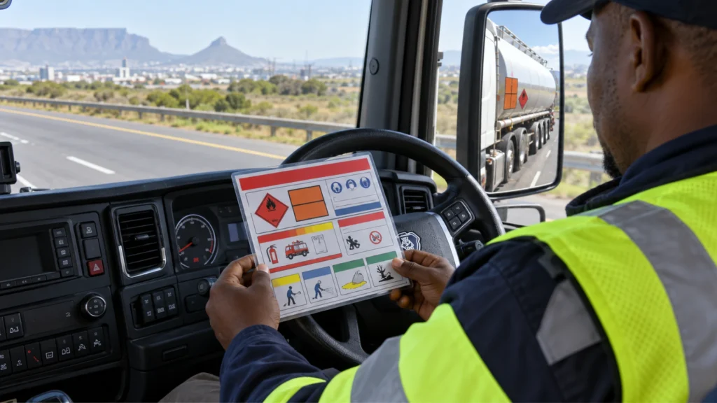Truck driver in a hi-vis vest holding a transport emergency card with hazard symbols in the cab, with a fuel tanker visible in the side mirror